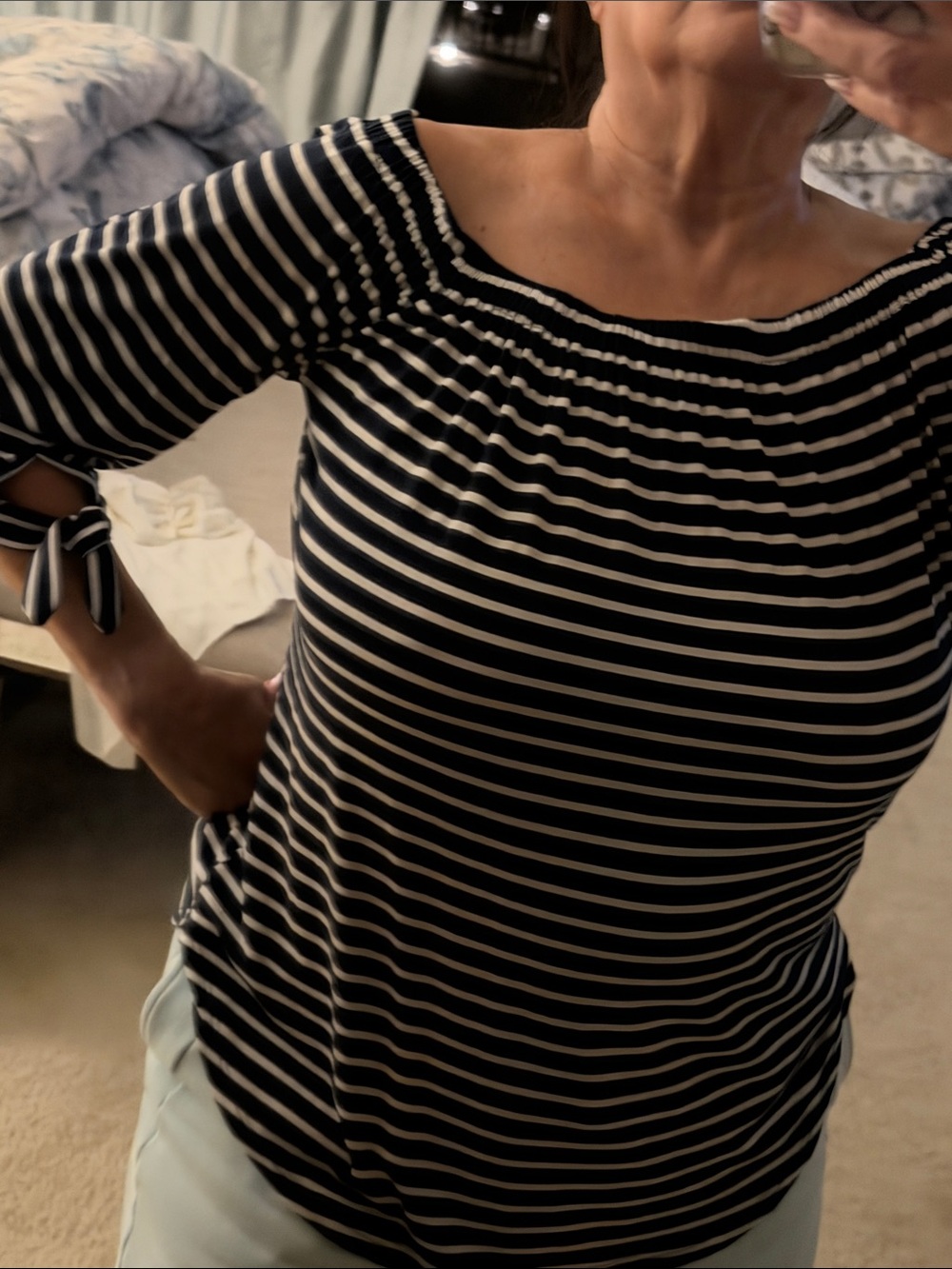 Neiman Marcus Navy and White Striped Off-Shoulder Tie-Sleeve Top